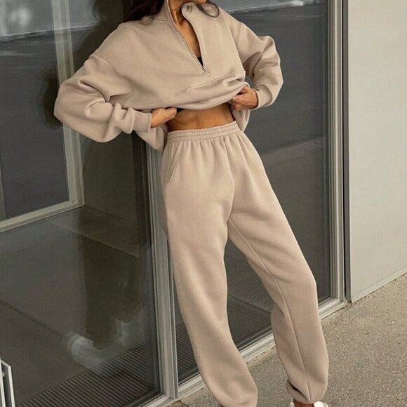 Khaki Casual Women's Solid Color 2-Piece Set - Picture 6 of 7